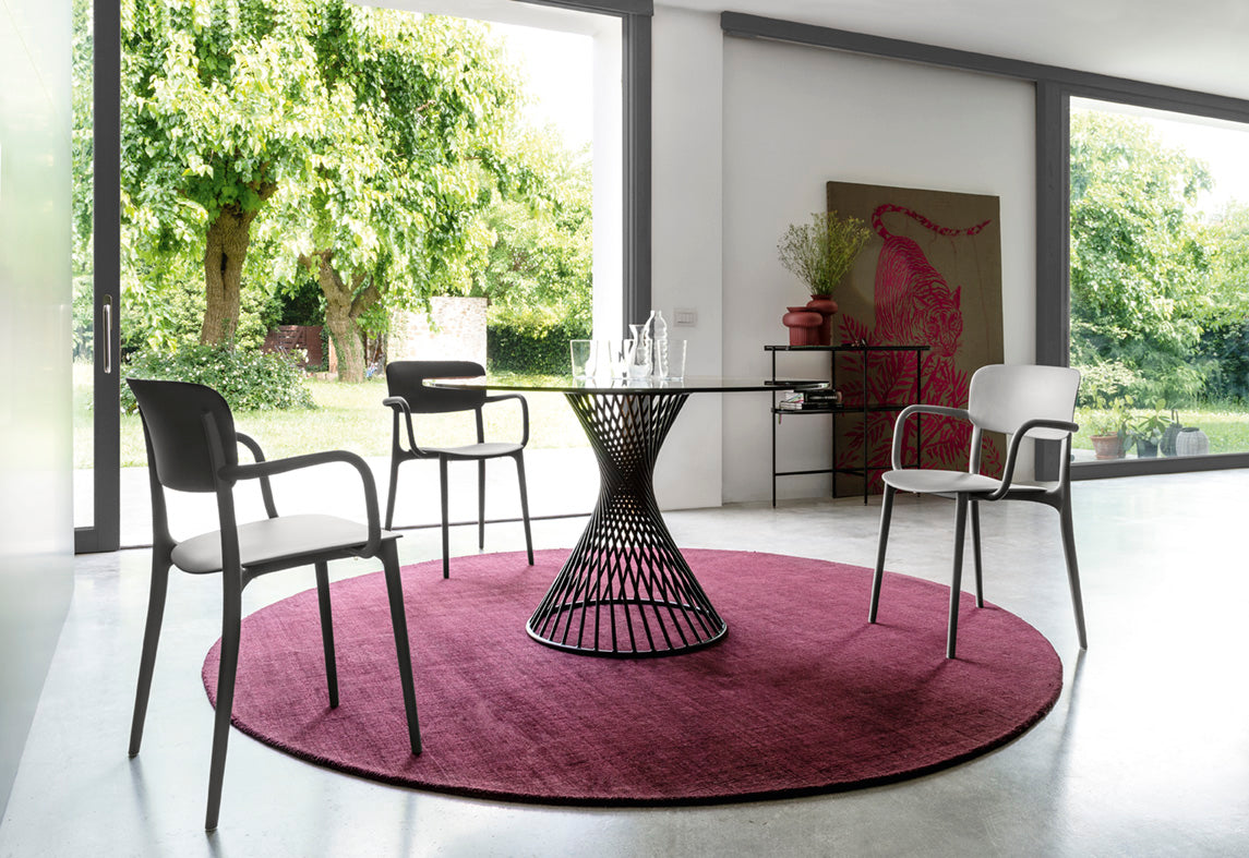 VORTEX Round Table with Smoky Glass Top and Black Base