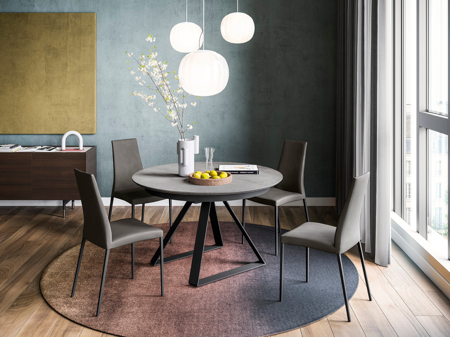 Round extendable table ATLANTE white top with black base