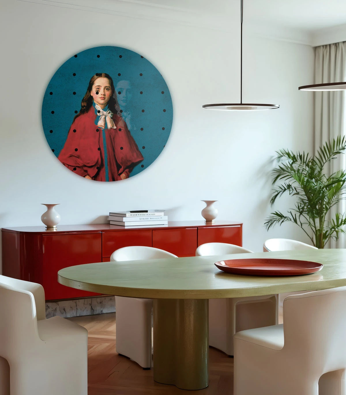 Muurschildering in de vorm van een cirkel DOTS - MEISJE IN ROOD blauw met rood