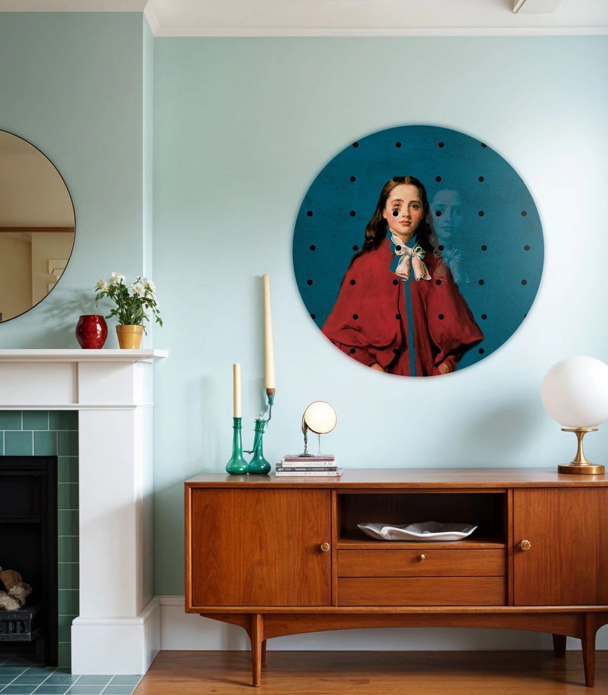 Muurschildering in de vorm van een cirkel DOTS - MEISJE IN ROOD blauw met rood