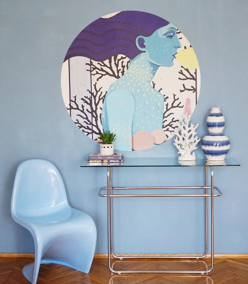 Muurschildering in de vorm van een cirkel DOTS - SIREN KOOL MEISJE blauw
