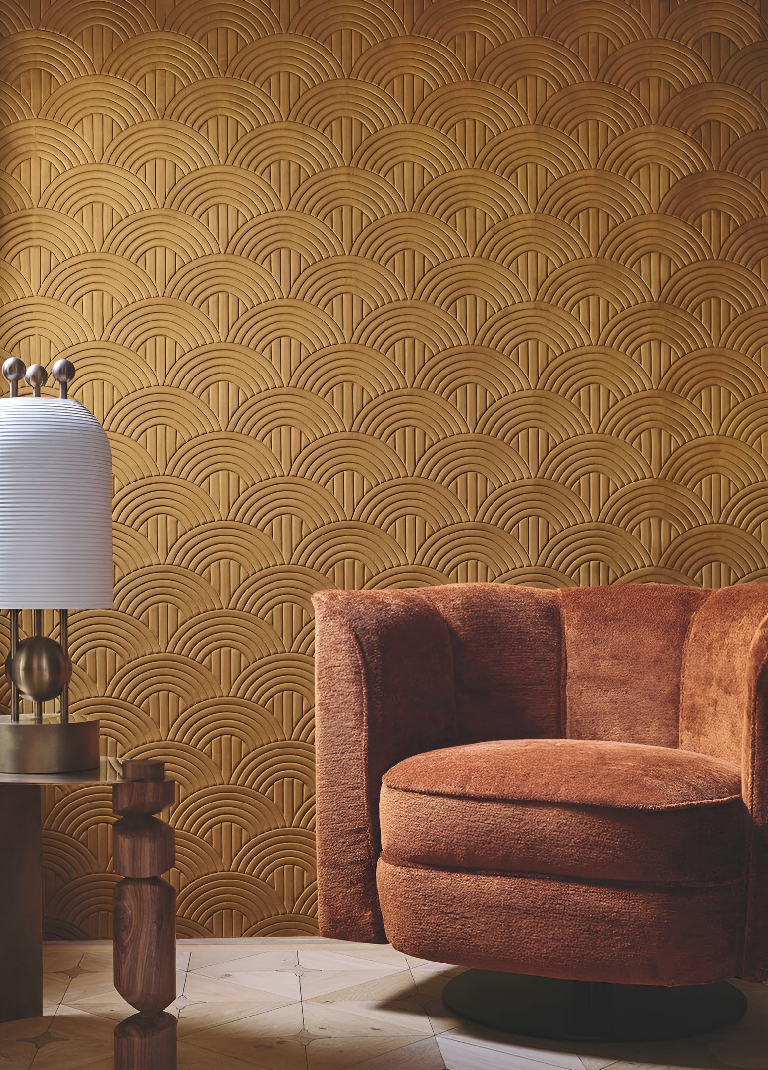 Textile wallpaper with a structural geometric pattern of arches VOLUTIS - MUSTARD yellow