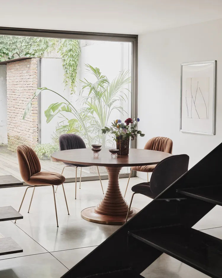 BEETLE SOFT upholstered chair with wooden finish and black chrome base