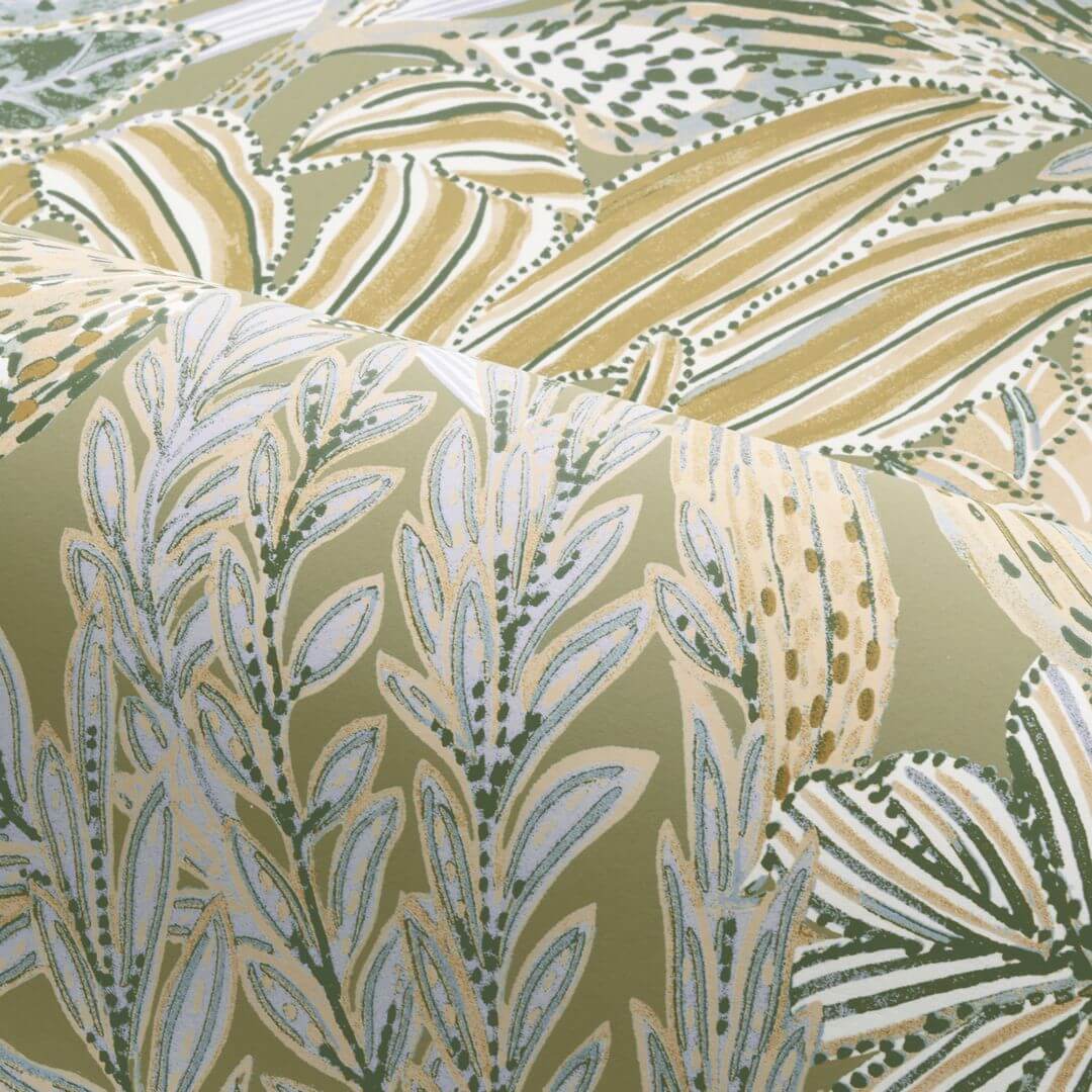 Tropical Leaf Pattern Wallpaper BORROMMEE - SAGE/LILAC beige with lilac