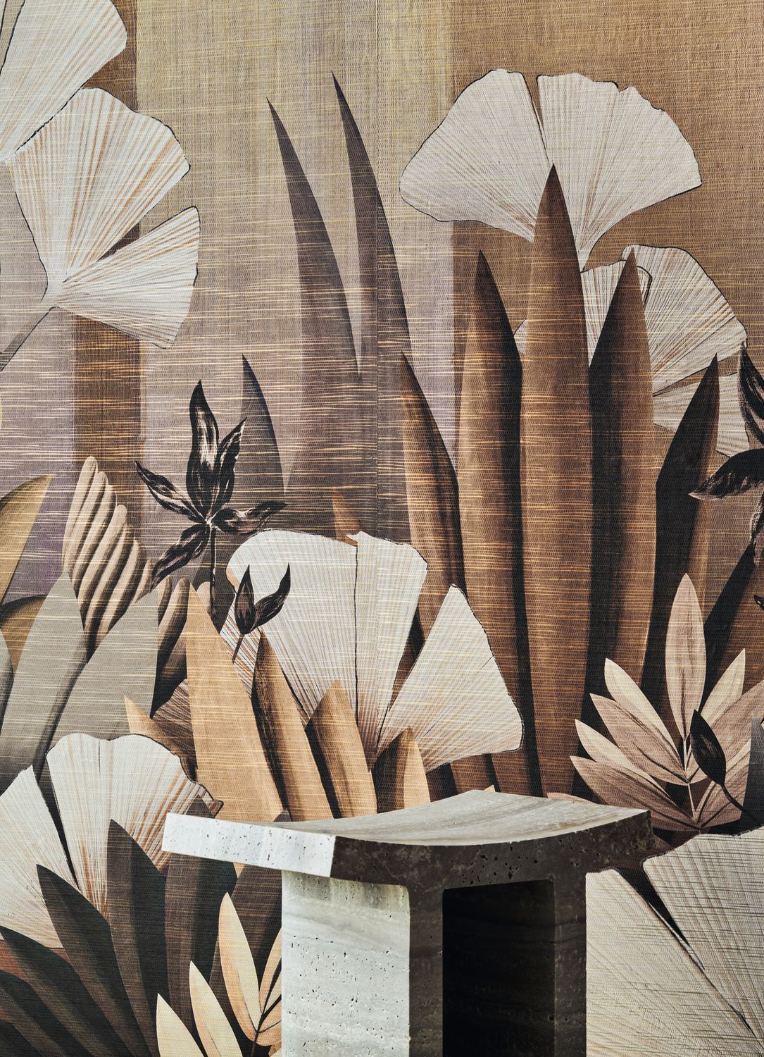 Plant-themed mural ICHO straw beige with dusty pink