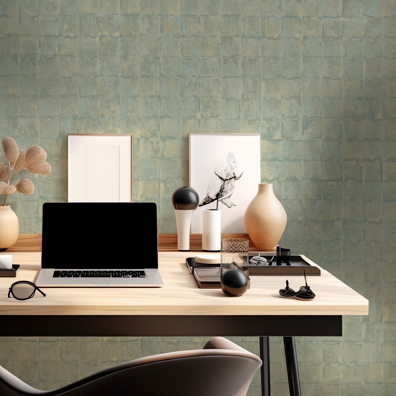 Structural wallpaper imitating tiles FAENZA - CELADON mint green