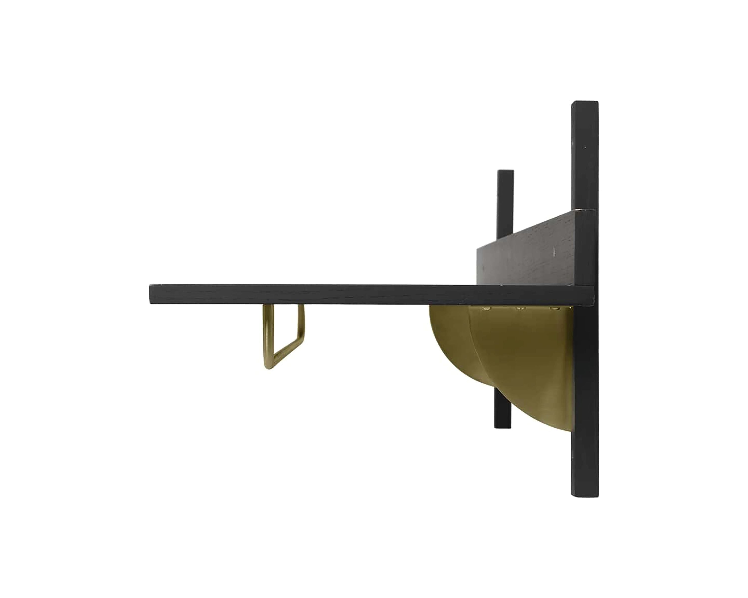SECTOR RACK PLANK met haken zwart essenhout met messing afwerking