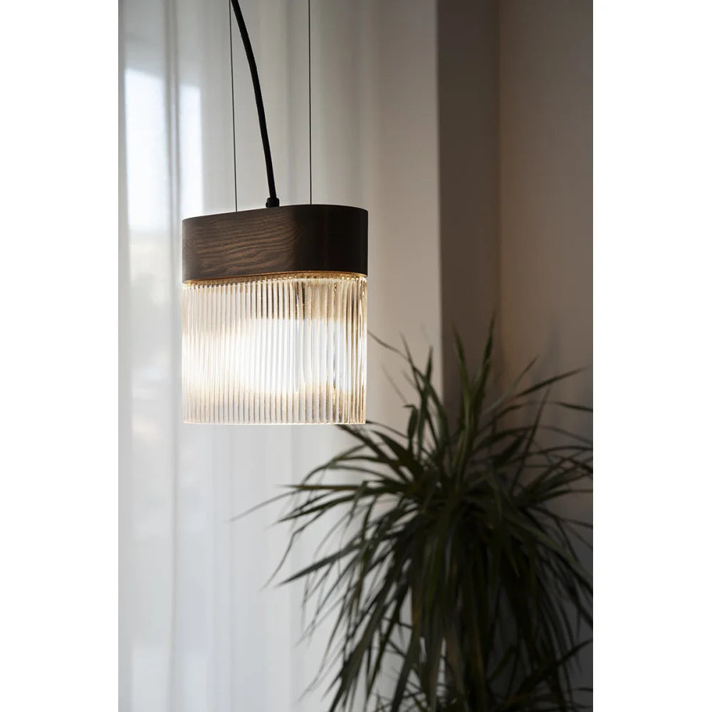 FLUMINA pendant lamp with ribbed glass and black ash wood
