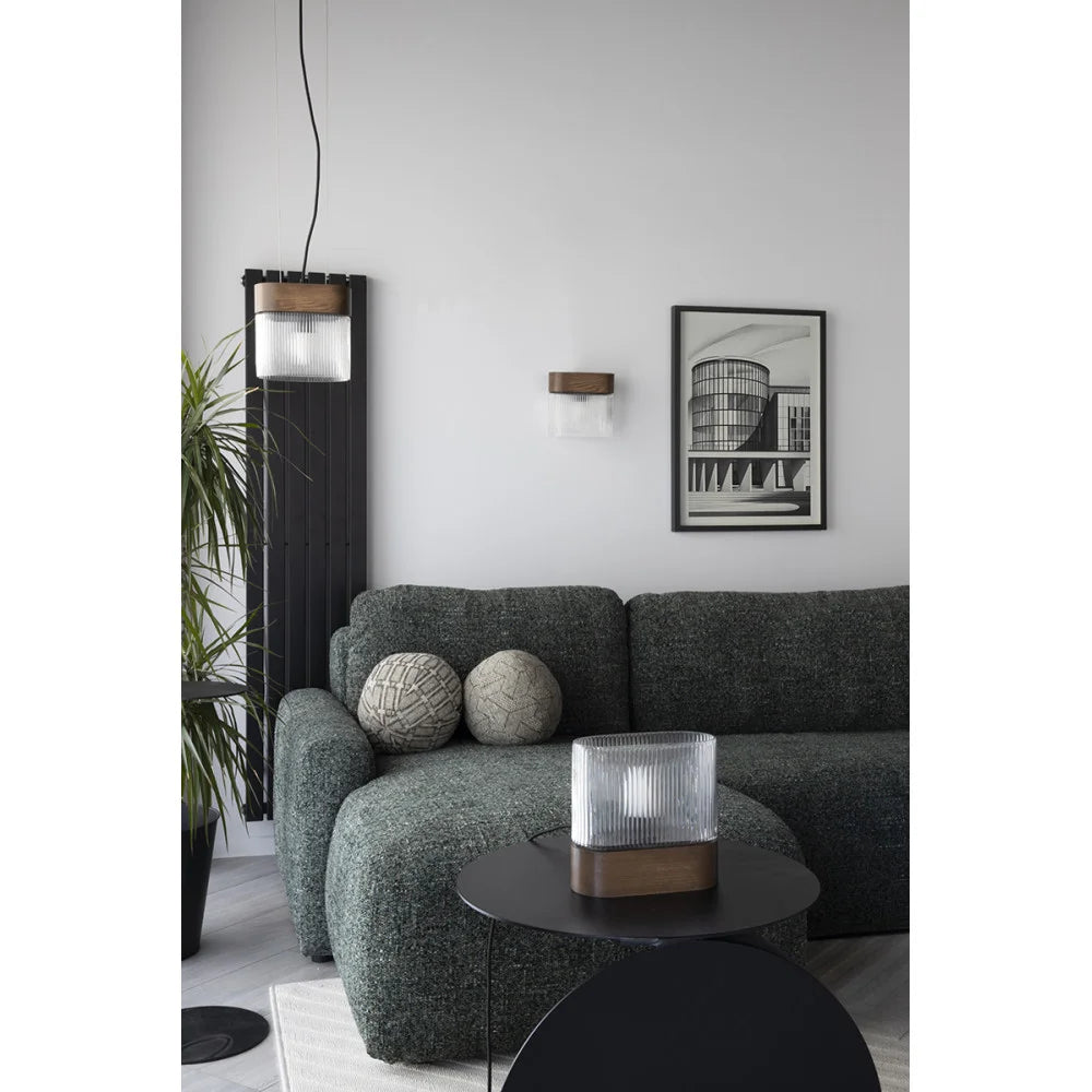 FLUMINA pendant lamp with ribbed glass and black ash wood