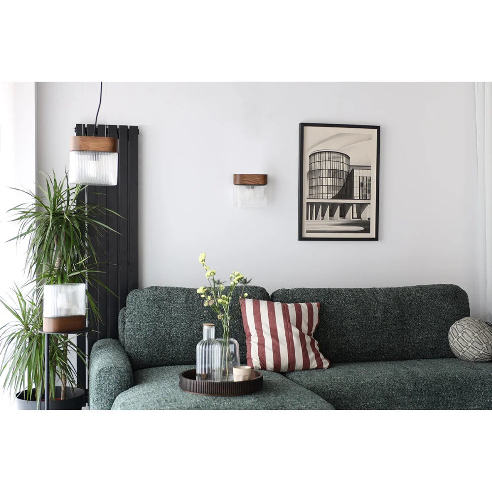 FLUMINA Tischleuchte, geriffeltes Glas und schwarzes Eschenholz