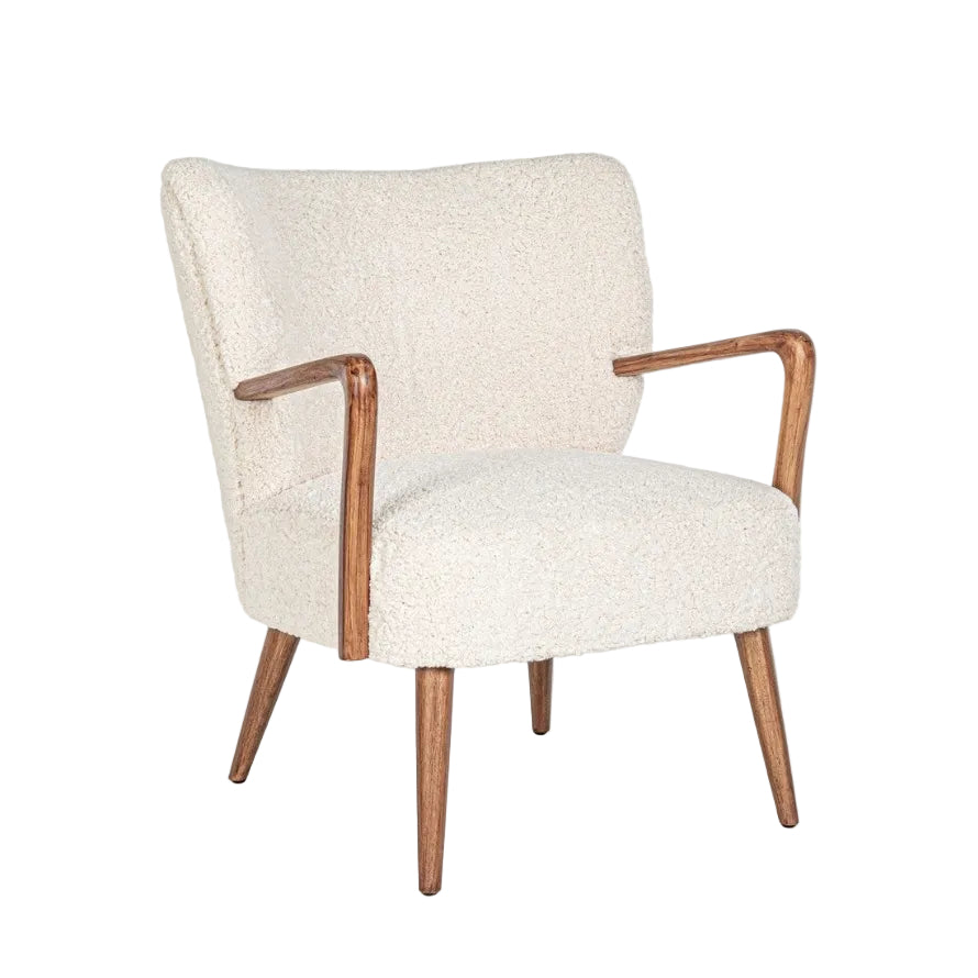 Witte MORITZ fauteuil met een basis van vurenhout