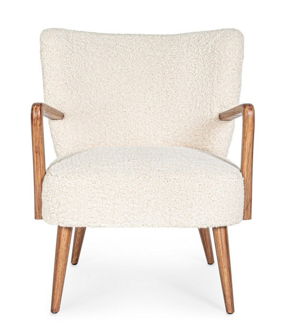 Witte MORITZ fauteuil met een basis van vurenhout