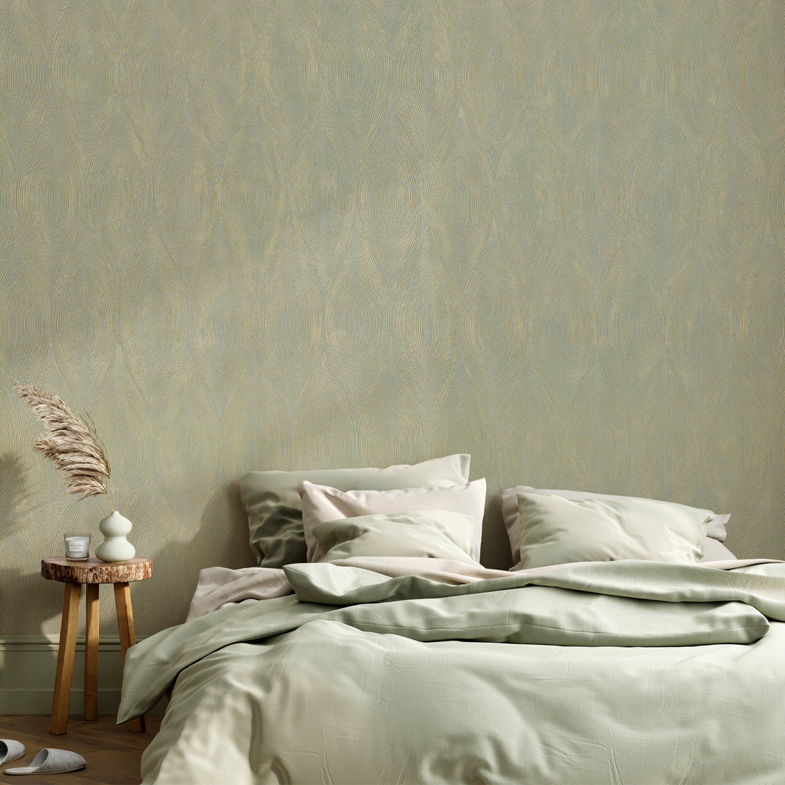 Metallic textured wallpaper with abstract pattern KERAMOS - OPALINE/DORÉ muted green