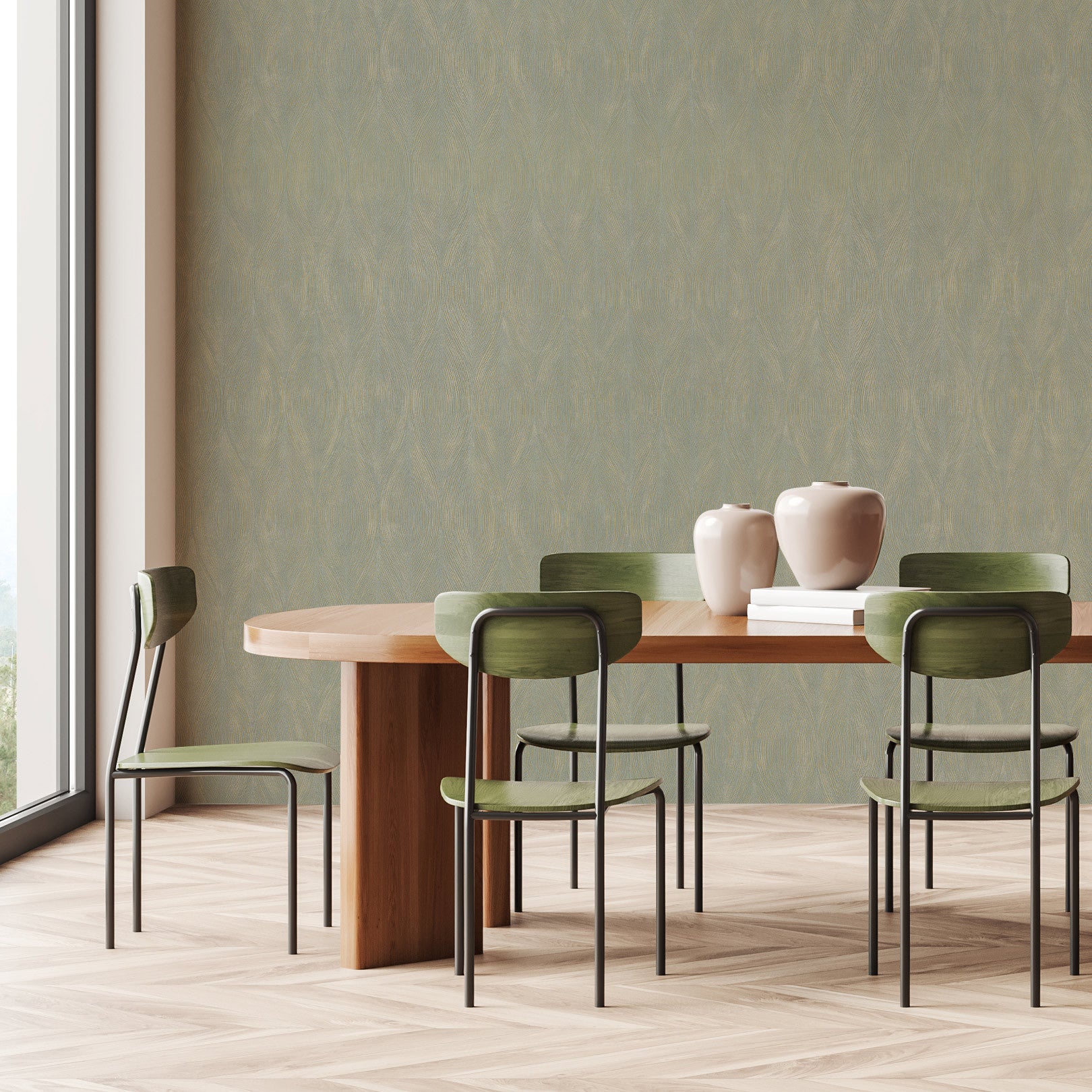 Metallic textured wallpaper with abstract pattern KERAMOS - OPALINE/DORÉ muted green