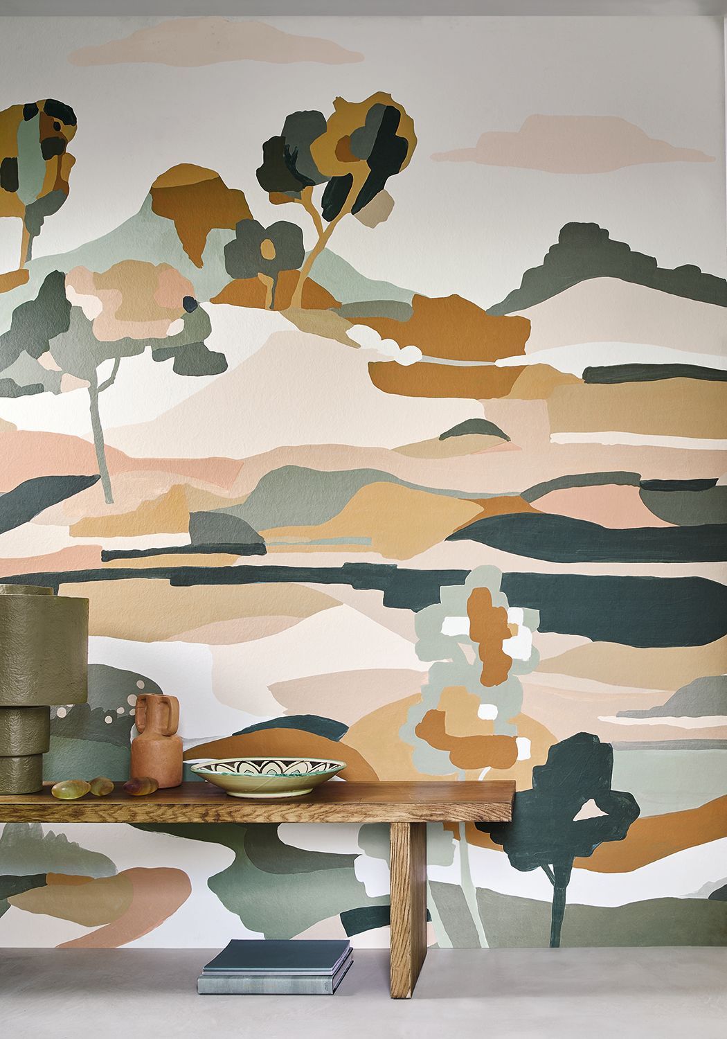 Mural abstrakcyjny z krajobrazem LE BASSIN zielony z beżowym