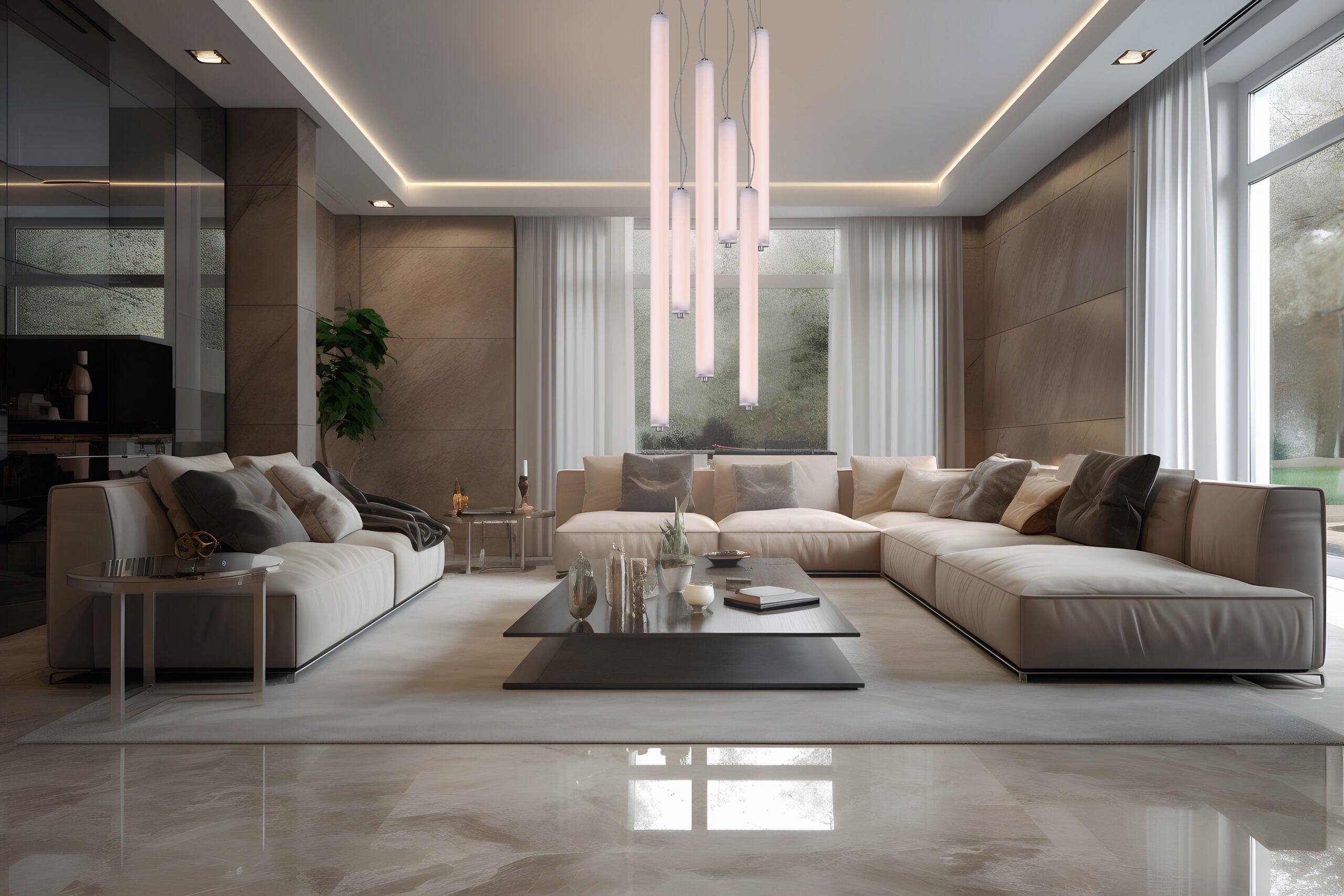 LONGA vertikale Hängelampe, milchiger Schirm mit Betondetail