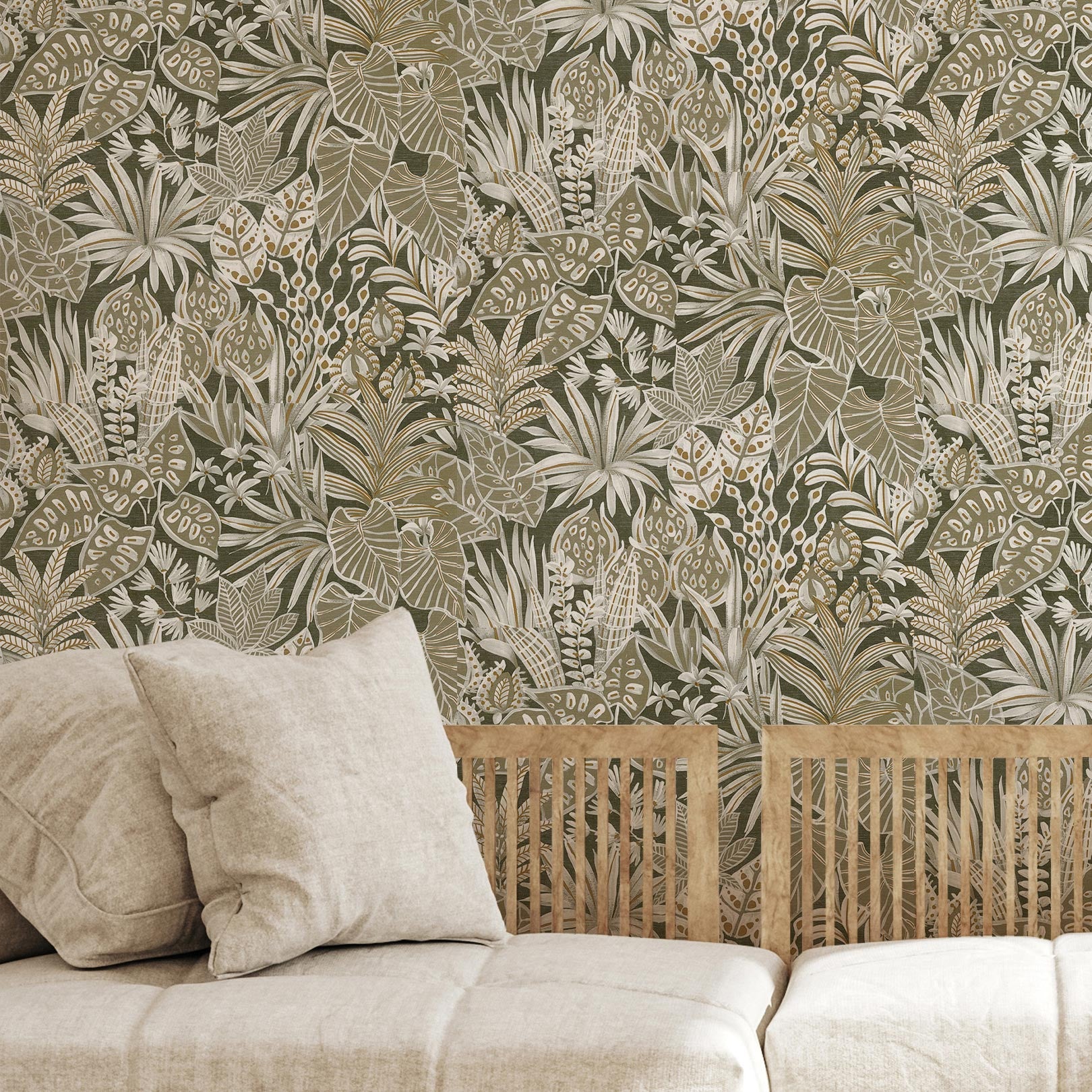 Structuurtapijt met plantmotief bladeren MADHUCA - KAKI khaki