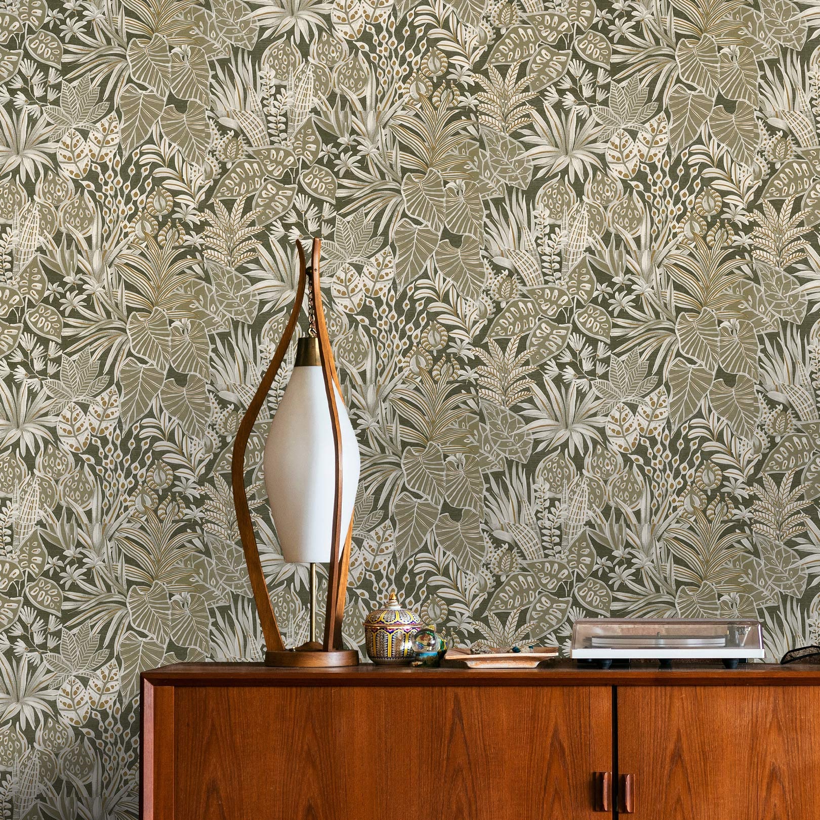 Structuurtapijt met plantmotief bladeren MADHUCA - KAKI khaki