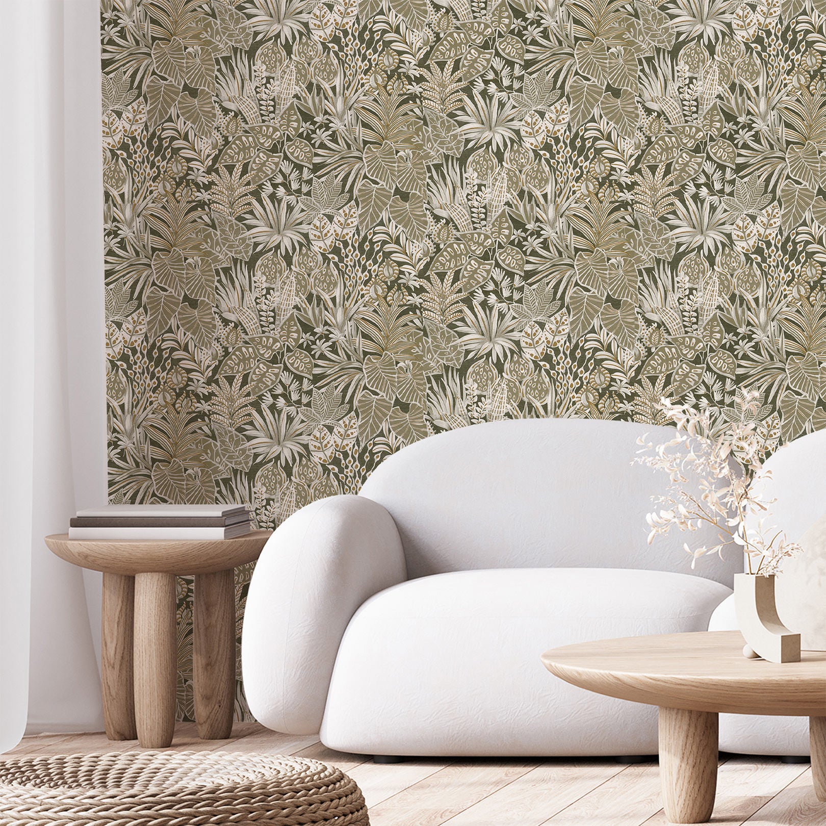 Structuurtapijt met plantmotief bladeren MADHUCA - KAKI khaki