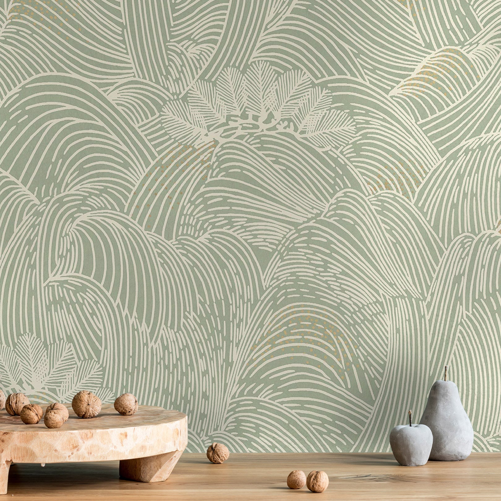 Structural wallpaper with an abstract wave pattern MARÉE HAUTE - GREEN