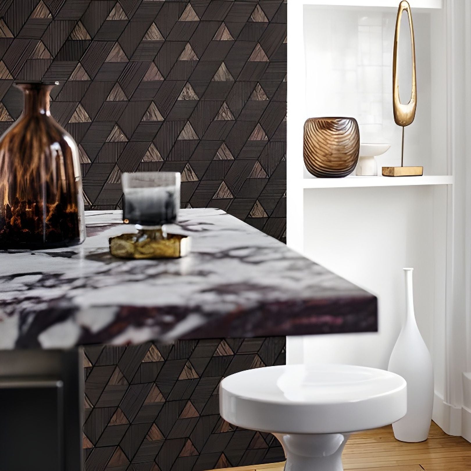 Structural wallpaper with geometric pattern MÉROÉ - VERT CENDRE/DORE beige-gold