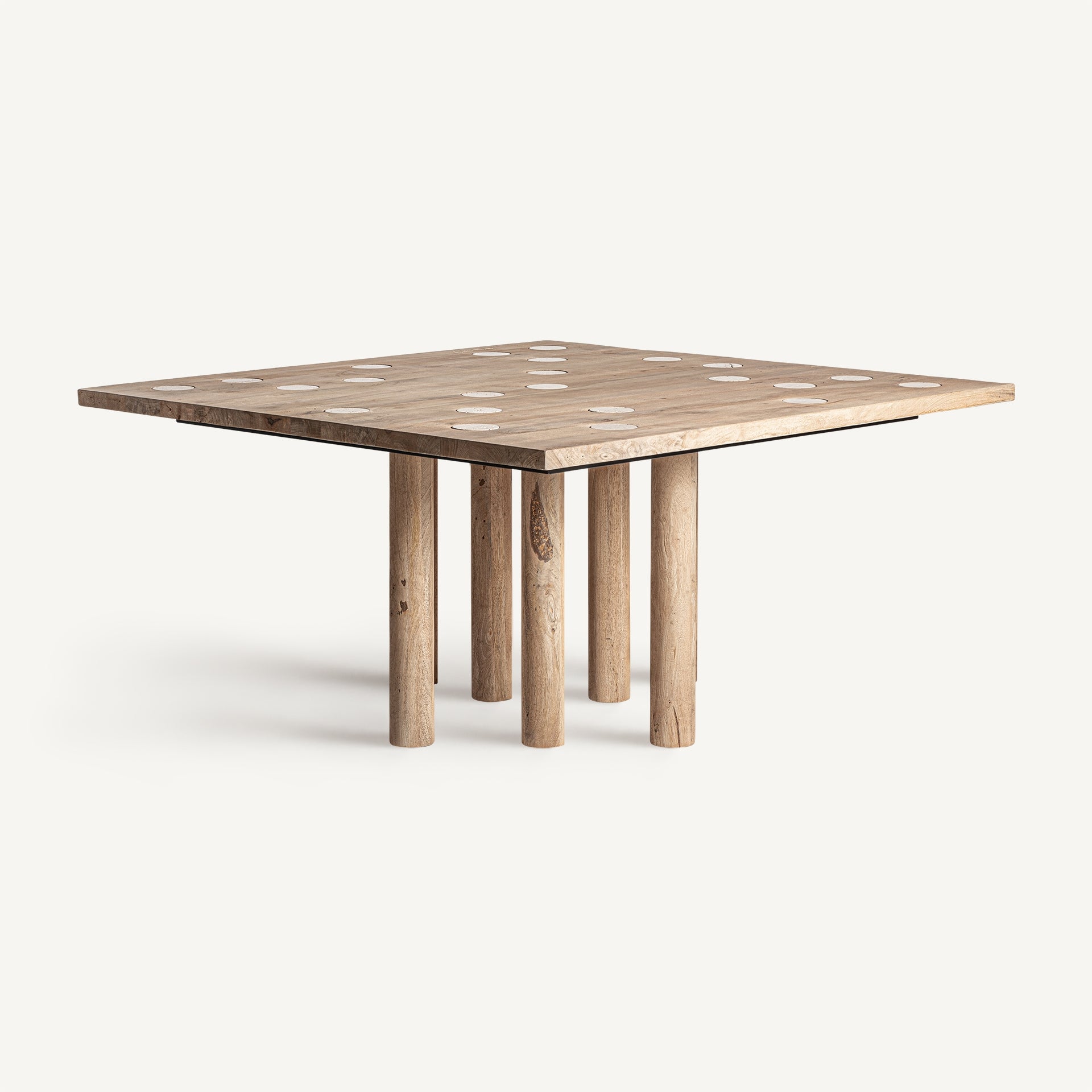 Vierkante tafel JACQUARD van mango-hout met travertijnafwerking