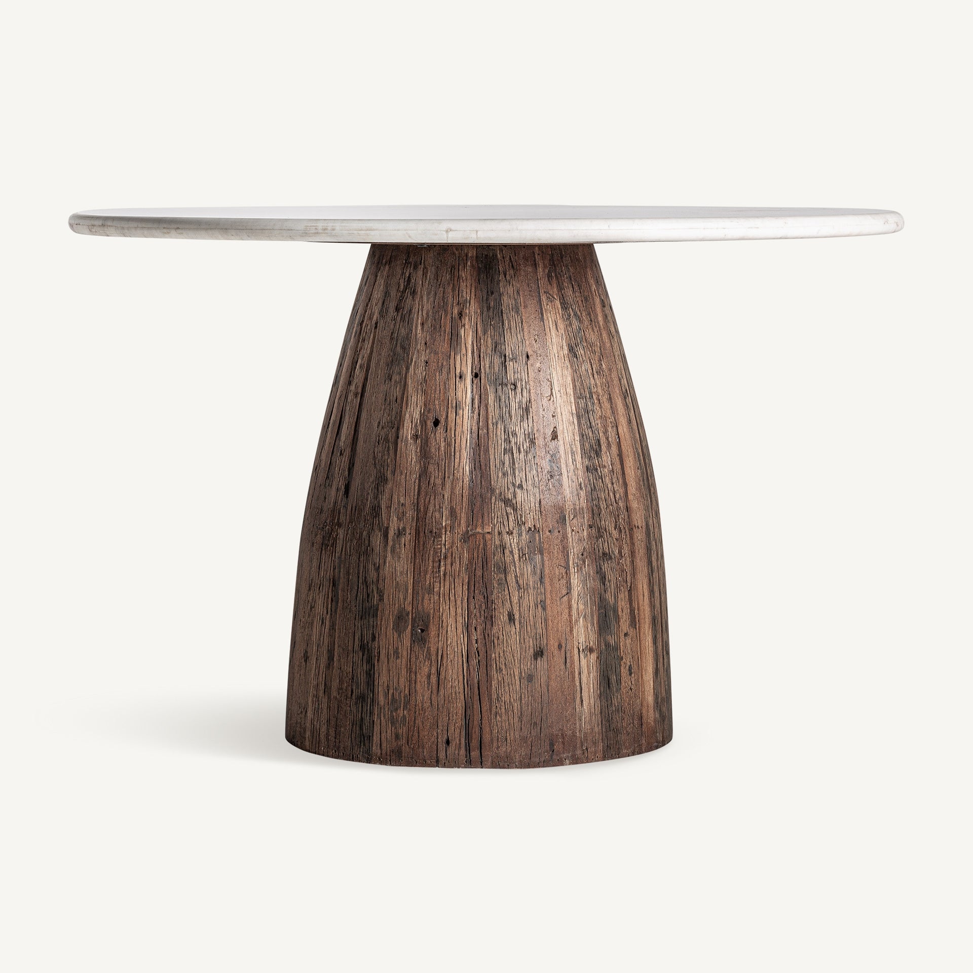 Ronde tafel SKORUP van gerecycled hout met een marmeren blad