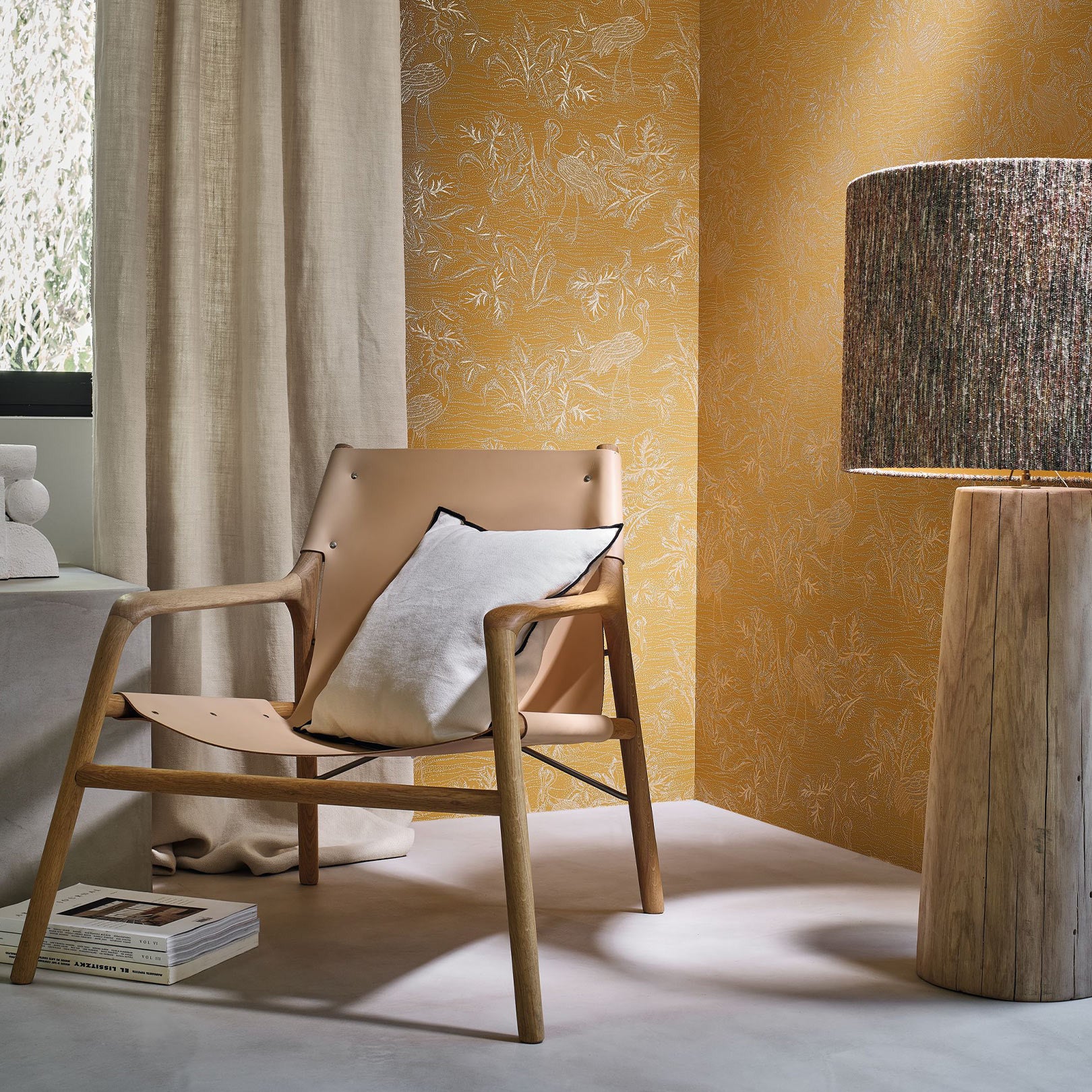 Structural wallpaper with a plant and animal motif MIRADOR - OCRE yellow