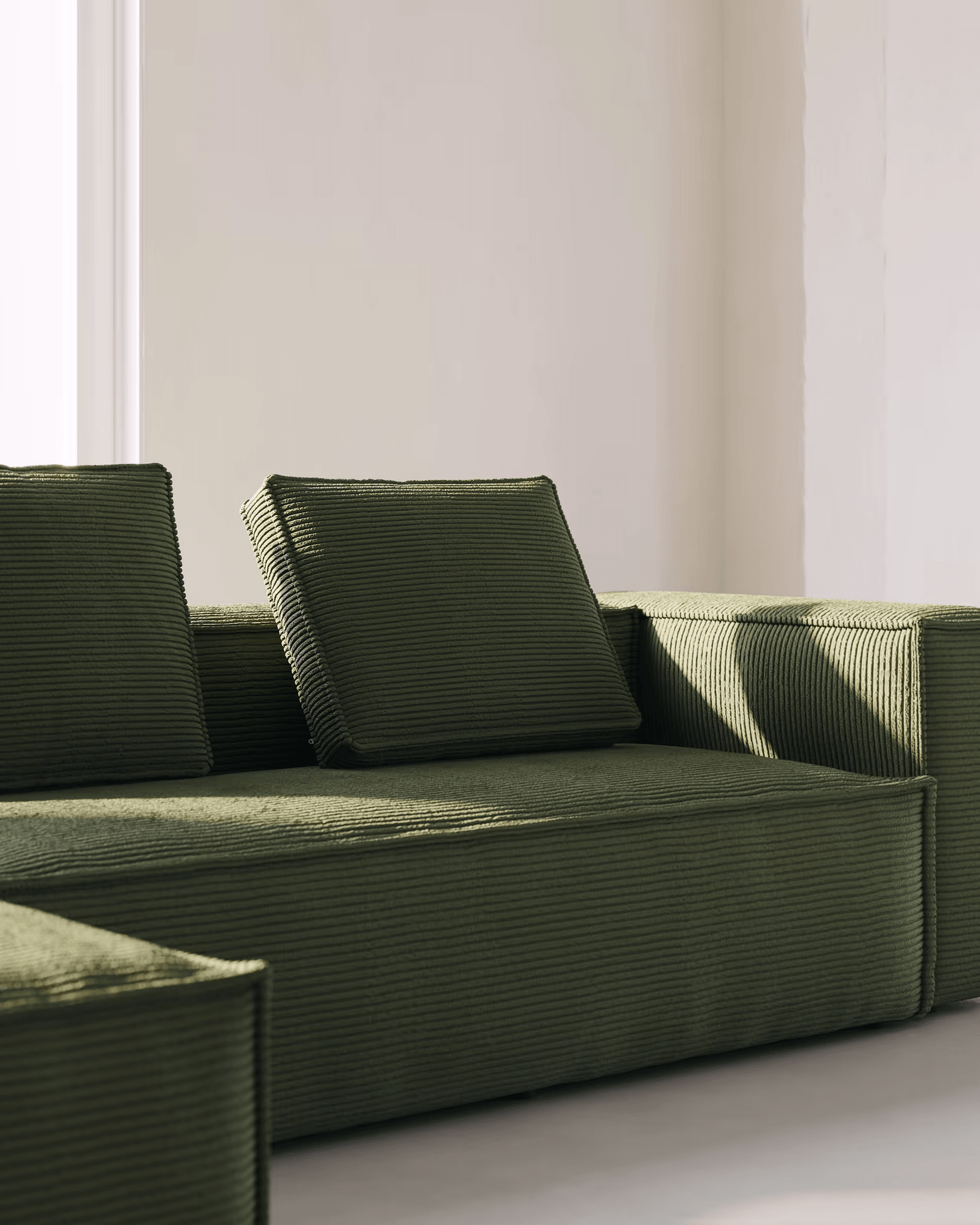 Narożnik 3-osobowy lewostronny BLOK zielony sztruks – sofa narożna