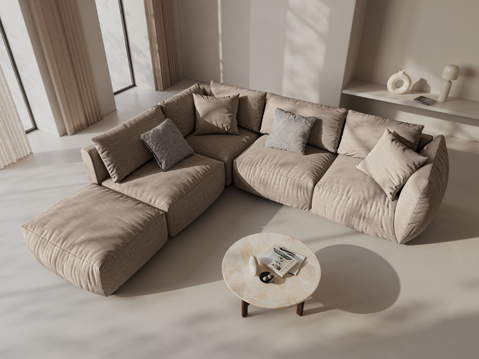 Modulares Sofa CHRIS - breites Element links in sandfarbenem Chenille