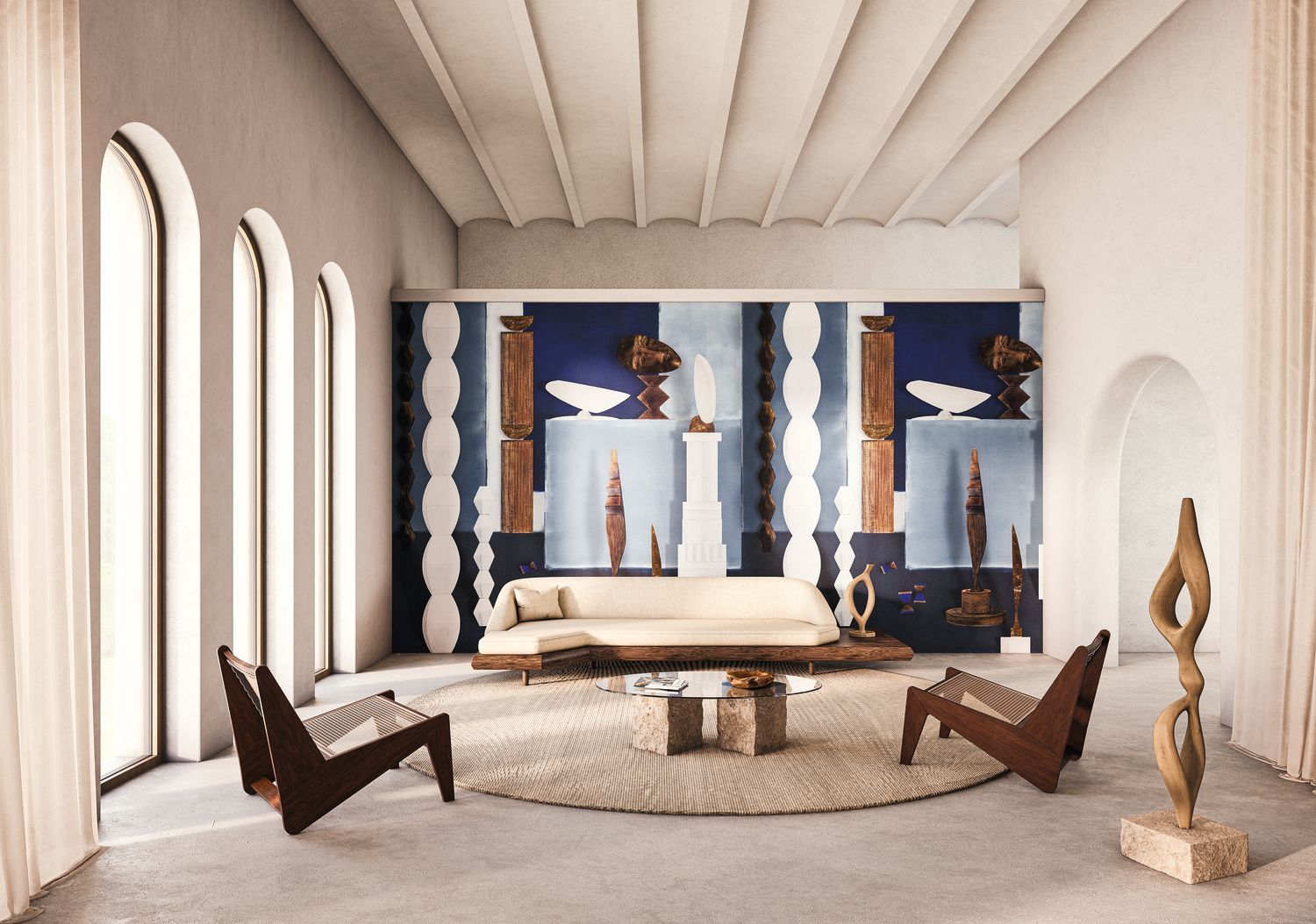 Mural with artistic motif L'ATELIER DE BRANCUSI - EGYPTIAN BLUE blue with white