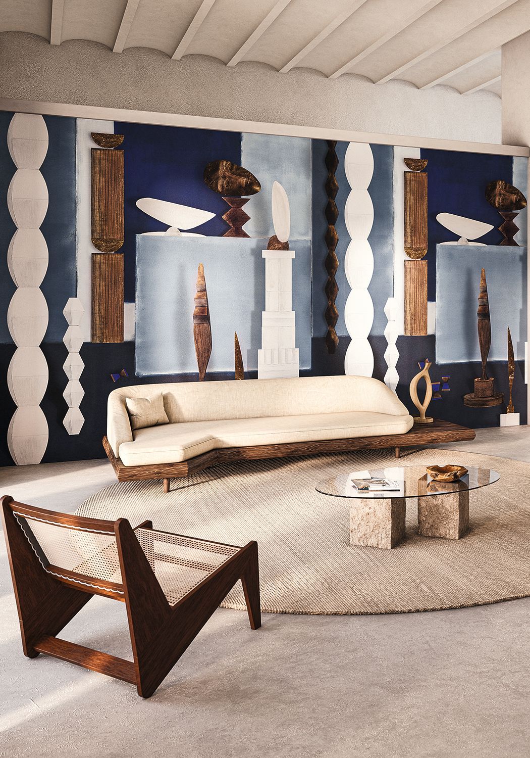 Mural with artistic motif L'ATELIER DE BRANCUSI - EGYPTIAN BLUE blue with white