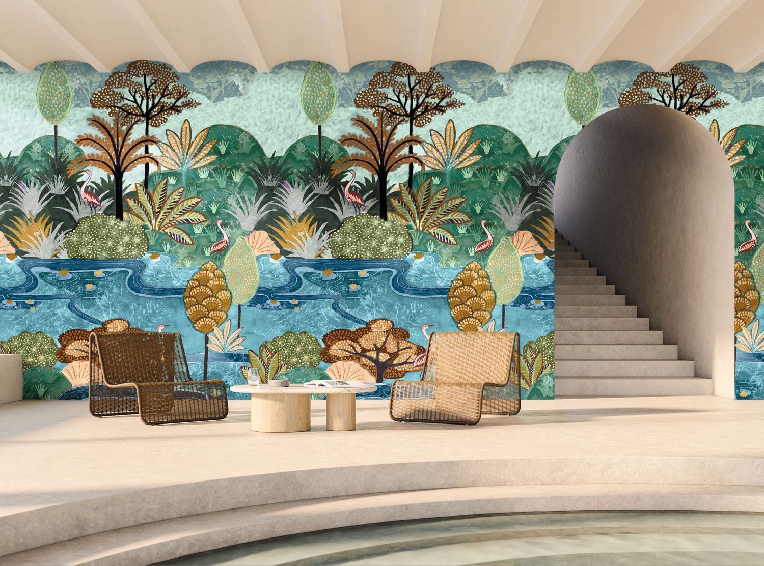 Wandbild mit pflanzlichem und tierischem Motiv von Vögeln ARUBA - MULTIFARBE grün mit blau