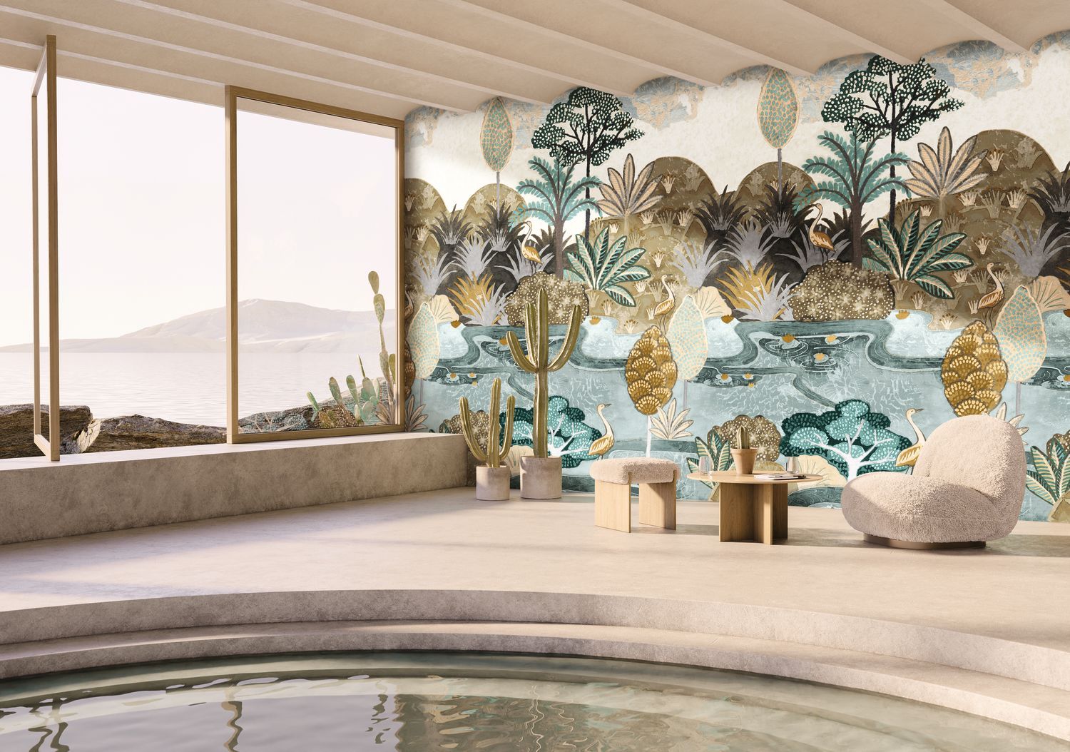 Muurschildering met planten- en dierenmotief van vogels ARUBA - CELADON/MORDORÉ zeegroen met bruin