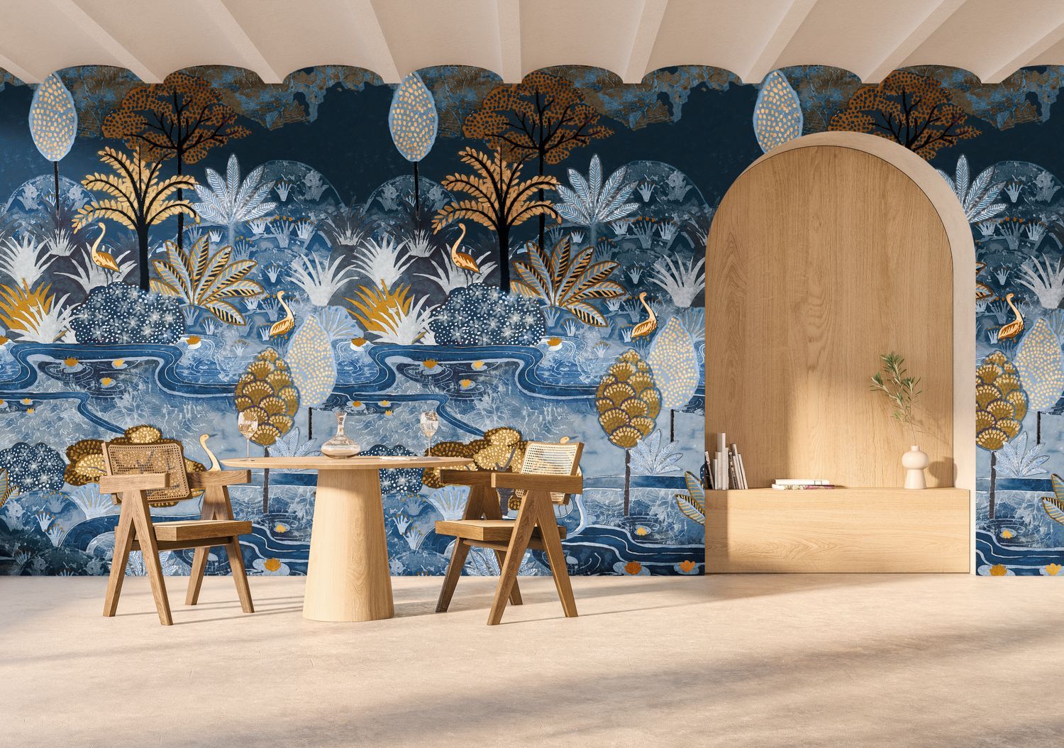 Wandbild mit pflanzlichem und tierischem Motiv von Vögeln ARUBA - BLEU D'EGYPTE dunkelblau mit Gelb