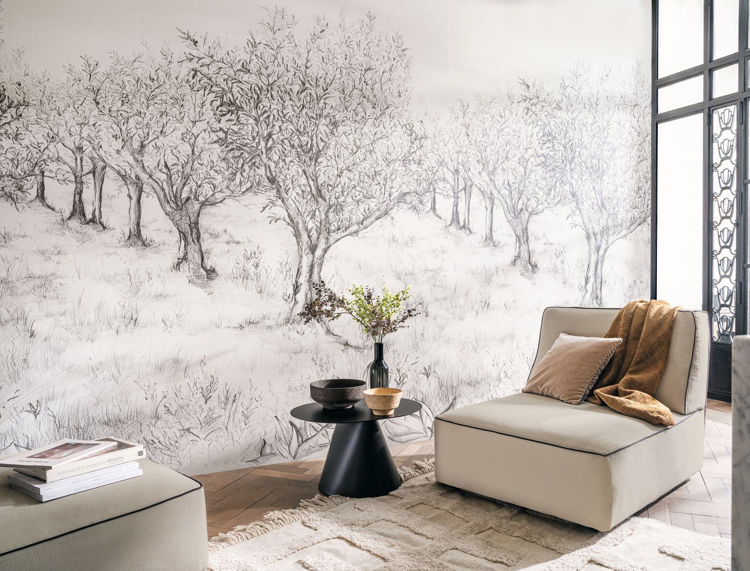 Landscape mural with tree motif LAURIS INT - BLACK/WHITE black and white