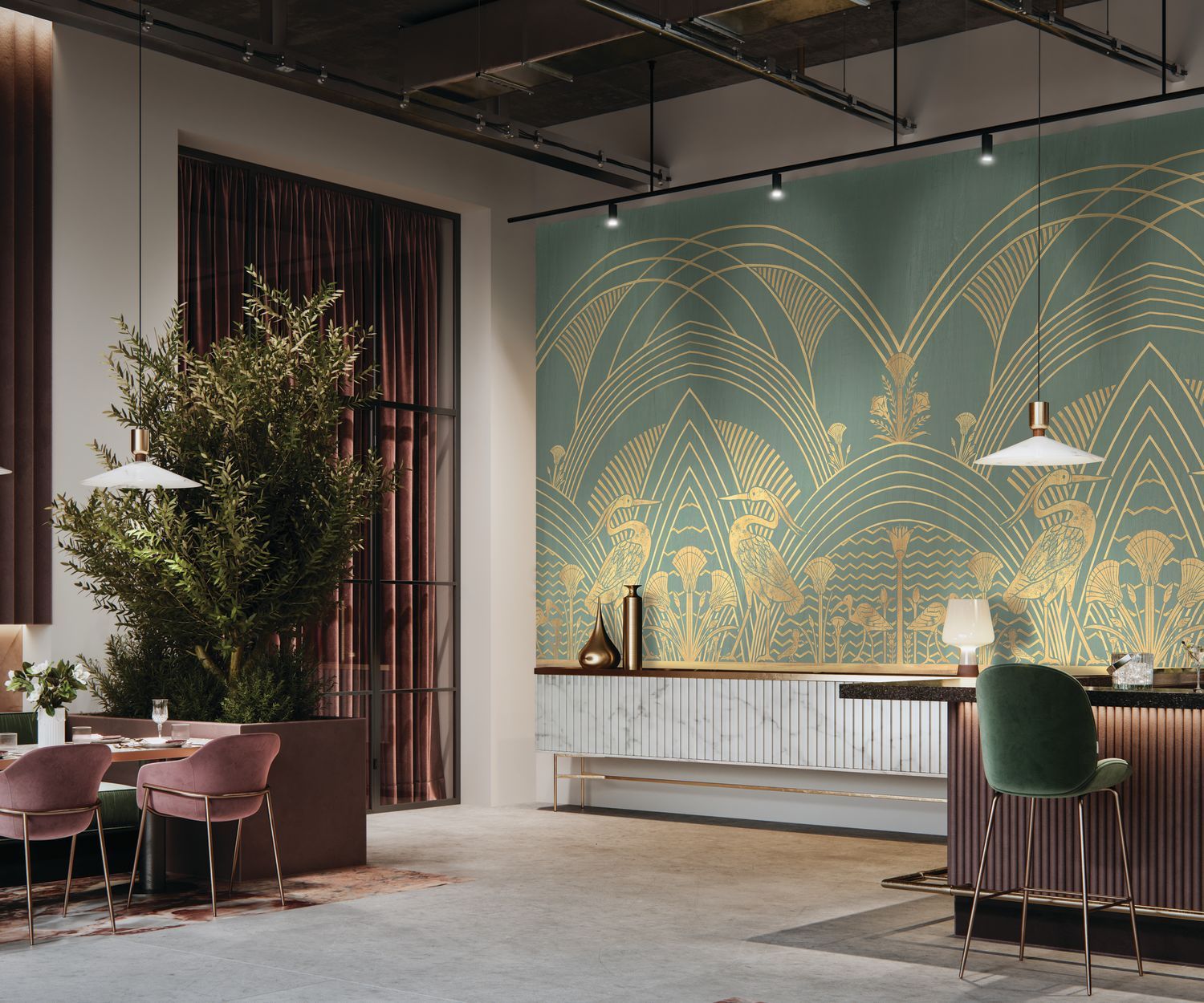 Mural w stylu art déco ELEPHANTINE zielony ze złotym