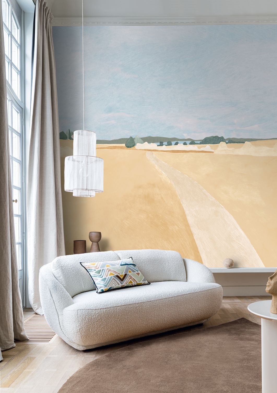 Mural z krajobrazem pola pszenicy MOISSON beżowy z niebieskim