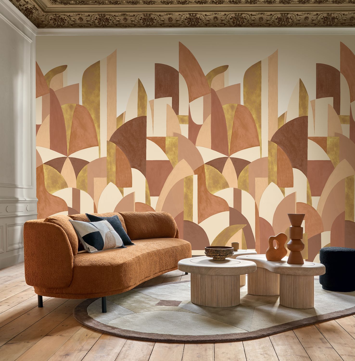 Beige mural with abstract pattern PABLO featuring green