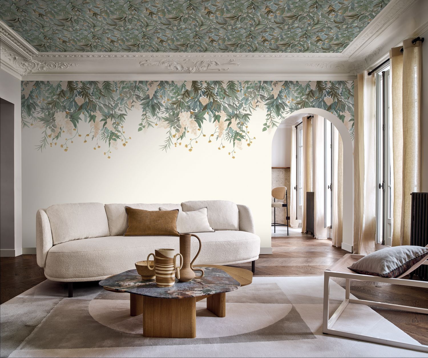 Wisteria Leaf Green and Beige Floral Mural