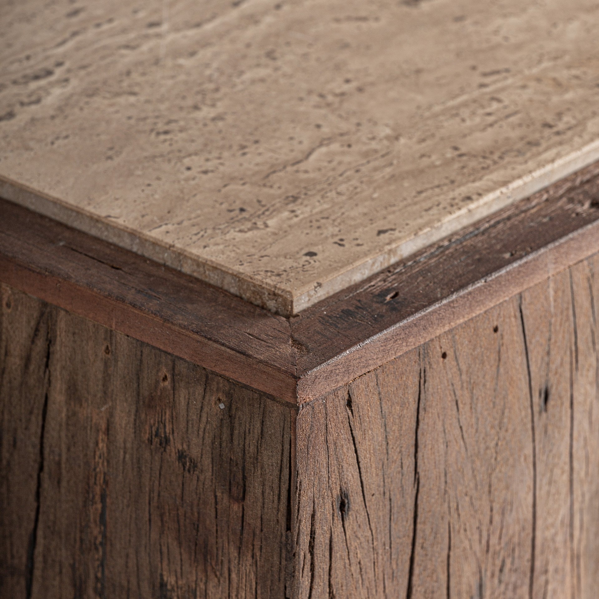 MERKEM Side Table Recycled Wood with Travertine Top