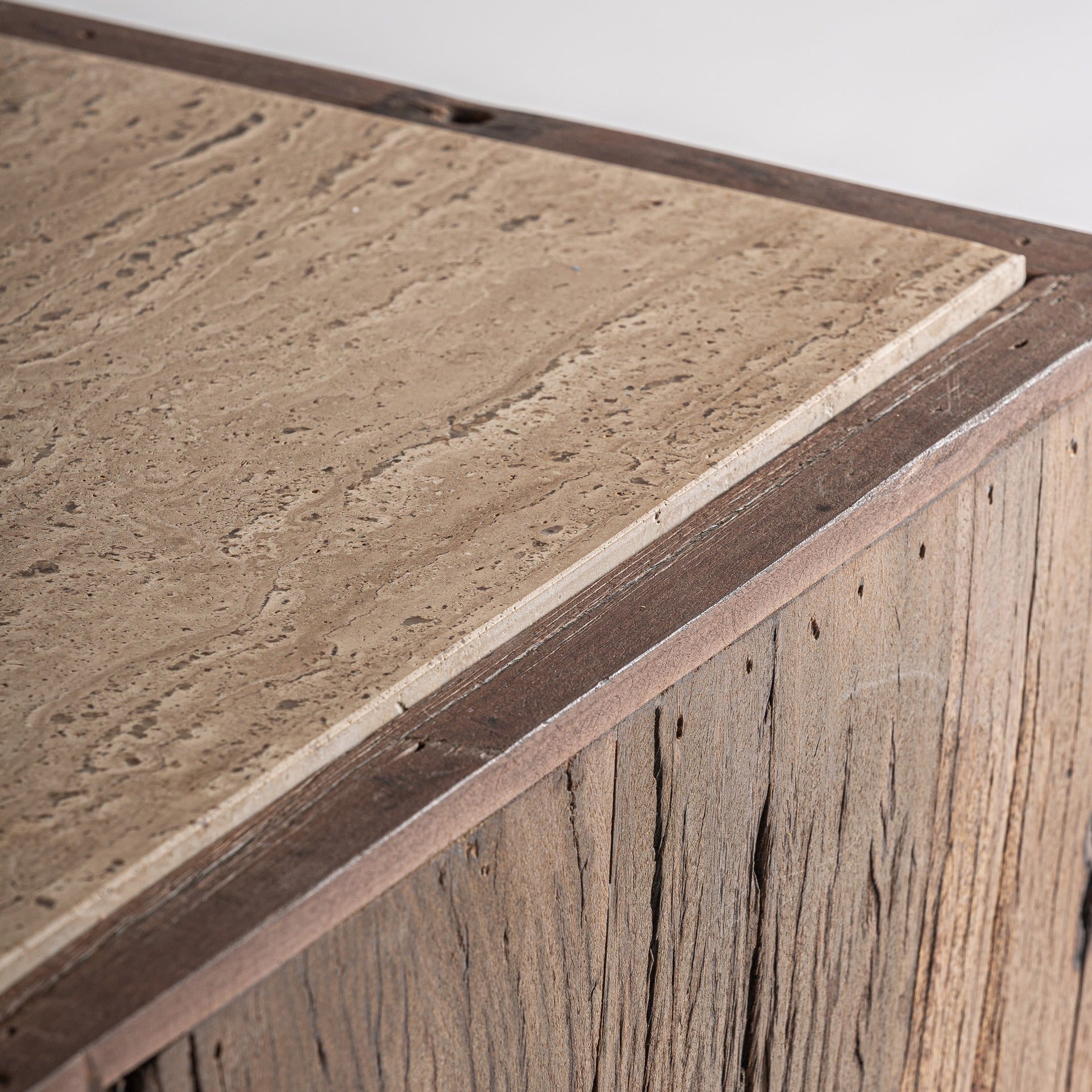 MERKEM Side Table Recycled Wood with Travertine Top