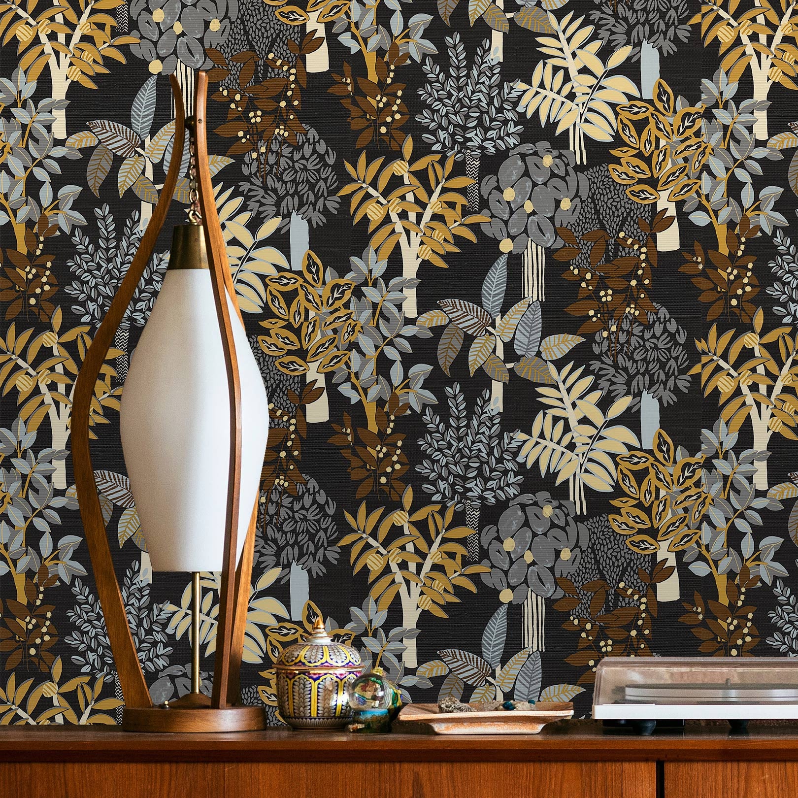 Structuurtapijt met plantaal motief PERADENIYA - NOIR/ACIER zwart met grijs