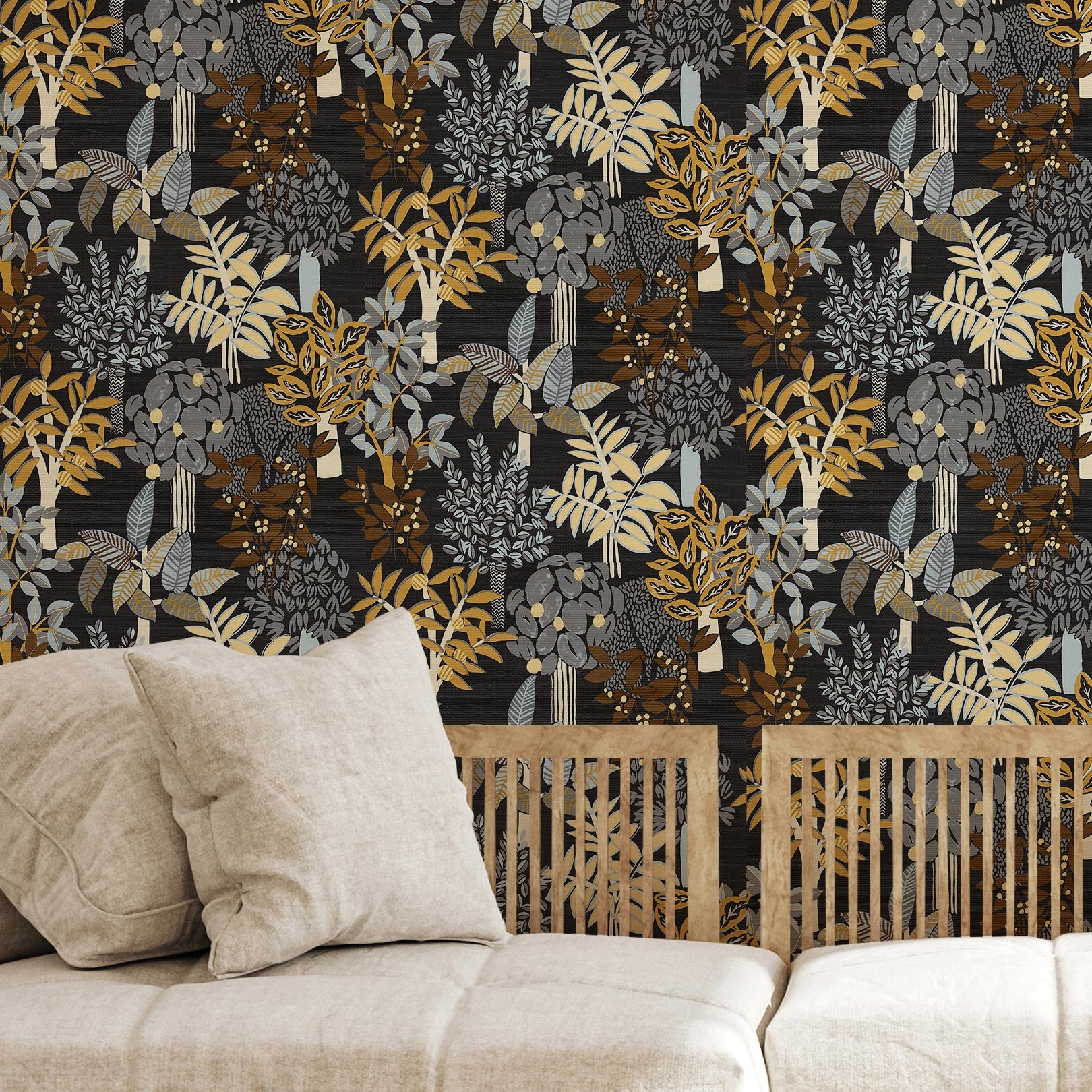 Structuurtapijt met plantaal motief PERADENIYA - NOIR/ACIER zwart met grijs