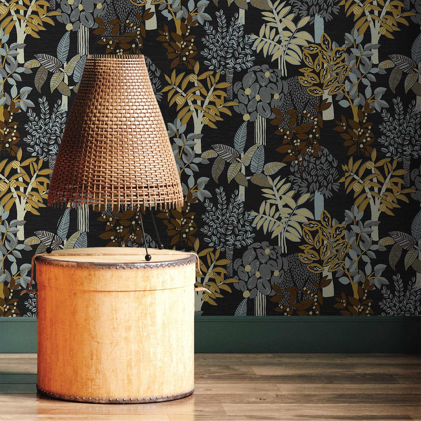 Structuurtapijt met plantaal motief PERADENIYA - NOIR/ACIER zwart met grijs