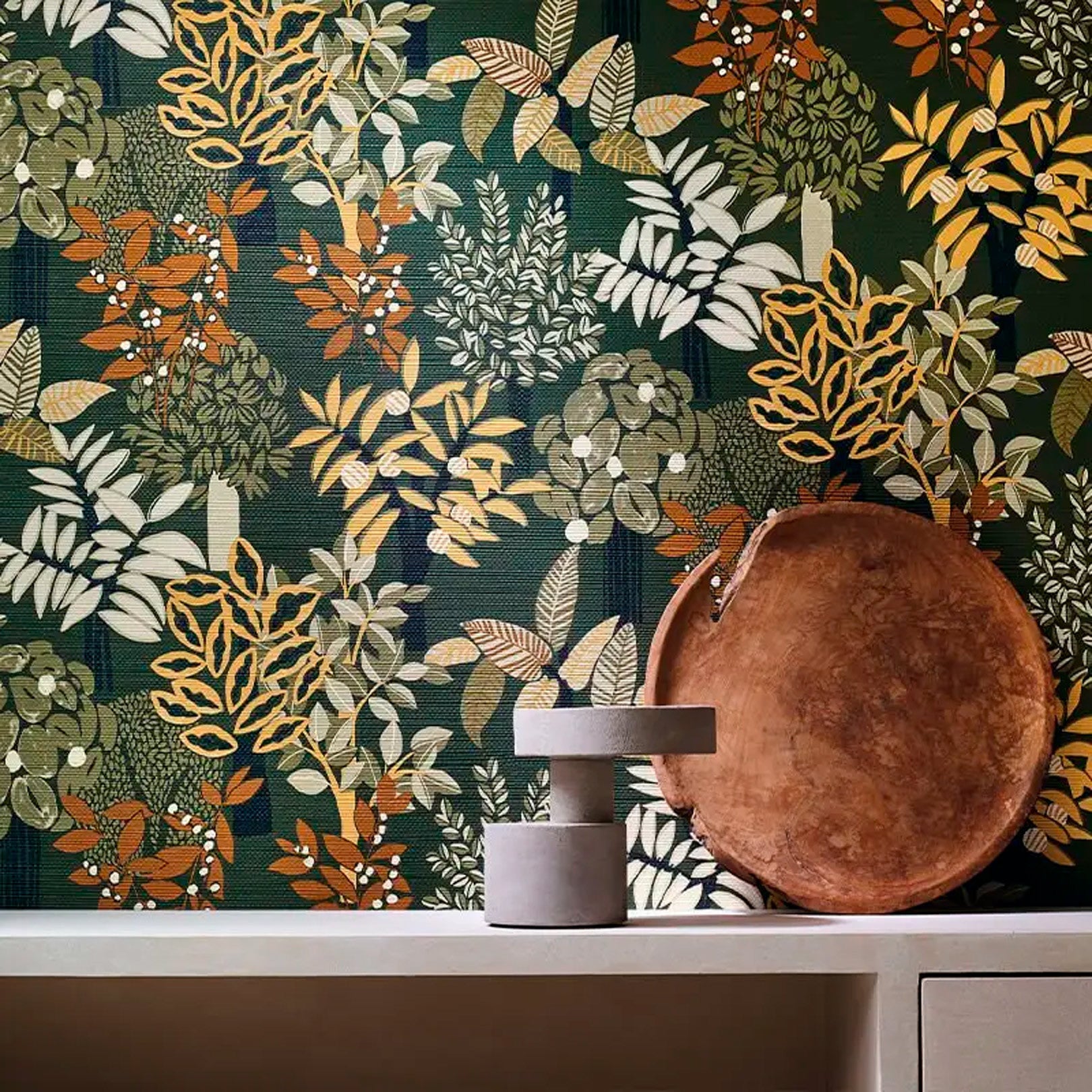 Strukturtapete mit Pflanzenmotiv PERADENIYA - KAKI/PAILLE khaki mit Stroh