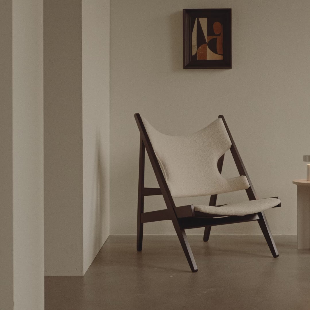 KNITTING cream boucle armchair with black oak base