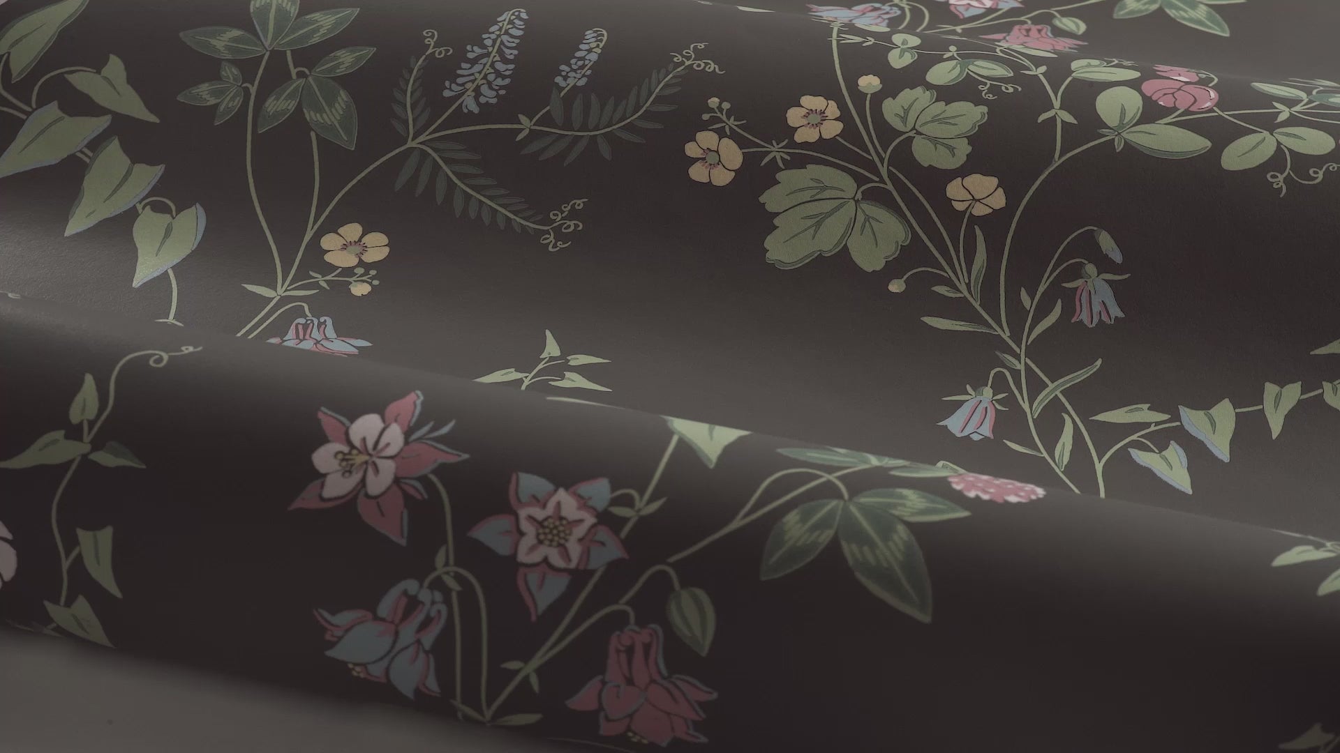 MIDSUMMER EVE dark brown floral and leaf patterned wallpaper with green