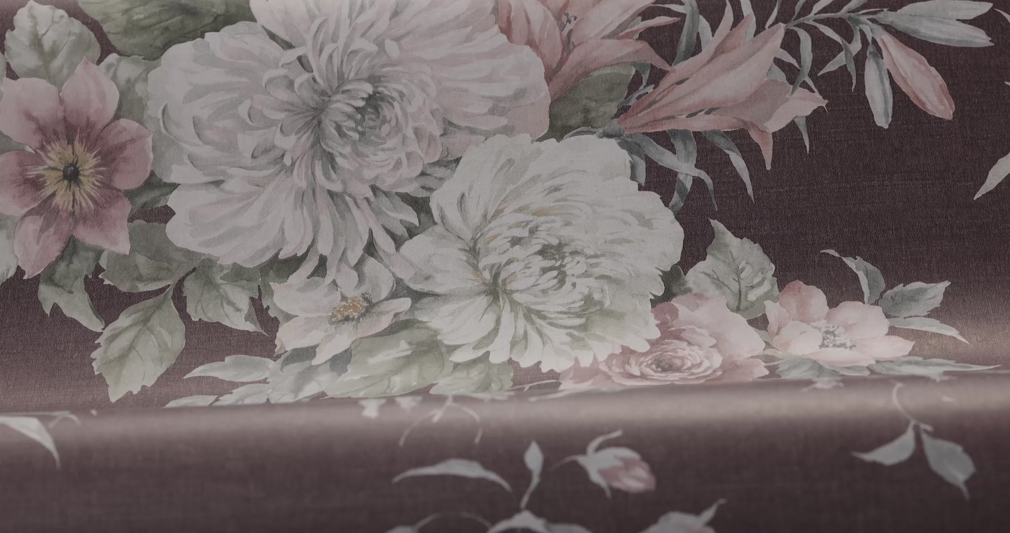 Vliesbehang van papier met een plantaardig patroon FLORAL CHARM bordeauxrood met wit