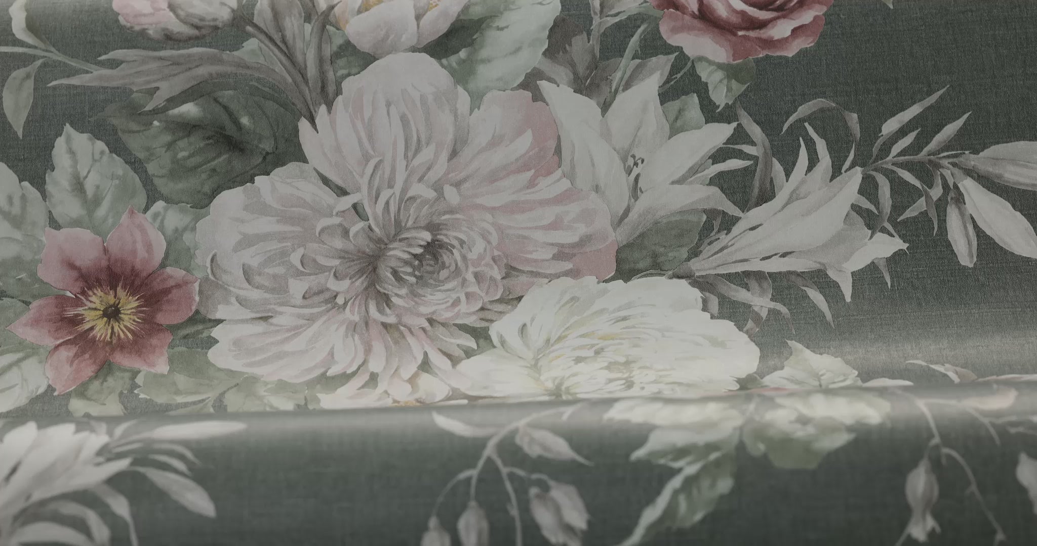 Vliesbehang met plantaal patroon FLORAL CHARM donkergroen met roze